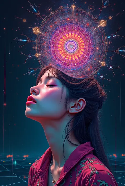 psychedelic art style, low angle view of a girl with her head OPEN, vivid cyberpunk color themed illustration on a dark background, digital art ,detailed line work, kaleidoscopic patterns,symmetrical composition, dreamlike atmosphere