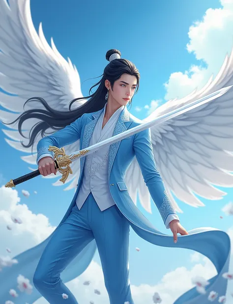 Sky blue eyes long black hair sky sword wings sky blue suit with white details elegant Japanese style and ear accessory elegant Asian style mens