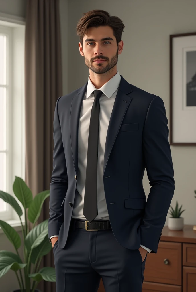 Create an image of a normal 22-year-old in shape wearing a suit in his room without much frills or frills 