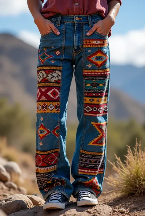 Create me jeans with cultural designs from Bolivia 