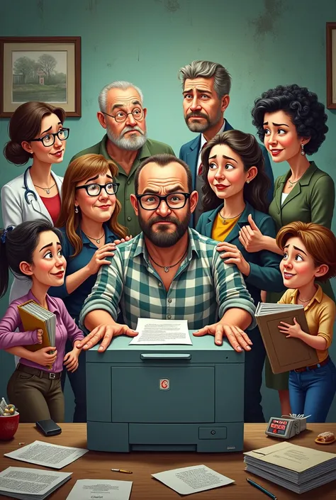 IN A HUMORICAL TONE:  A group of people in an office : There are 2 men ,  the rest are women ,  all are adults .
 -in the center is a man in a plaid shirt , beard.  That man has an angry face but the others are laughing .
 t-shirt -an older man with glasse...