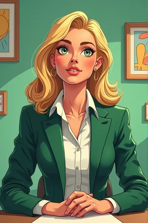 Create a character blonde woman  ,  wearing a white dress shirt and green blazer in the shape of a comic book with a green wall and small frames in the background with your hands on the table