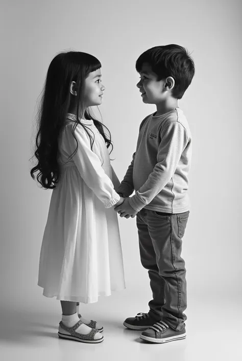  Black and white photograph of two six-year-old s, holding hands, One Asian and the other Arab