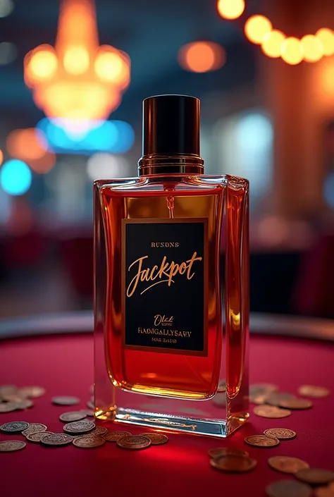 Créer un flacon de parfum ecrire dessus jackpot ajouter dans le flacon  du patchouli des feuilles de menthes du bois ambrée de la mandarine effet reel  dans une ambiances de casino festive 