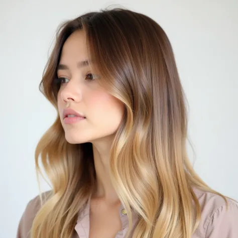  A young woman with long and straight hair ,  with a gradient in shades from light brown to blonde .  She is wearing a light blouse and has a partial profile,  with a part of her face covered by hair .  Simple and clear background , focus on soft and shiny...