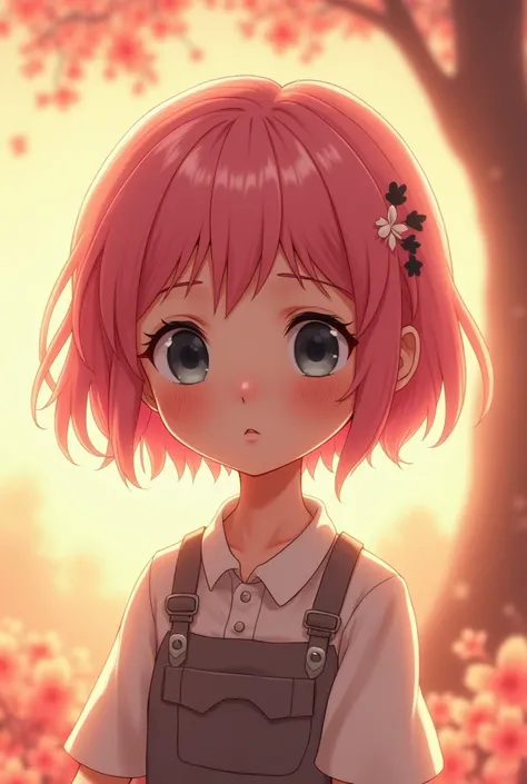 Girl with short pink hair and black eyes and big, thick eyebrows with cute anime-style Russian ancestry