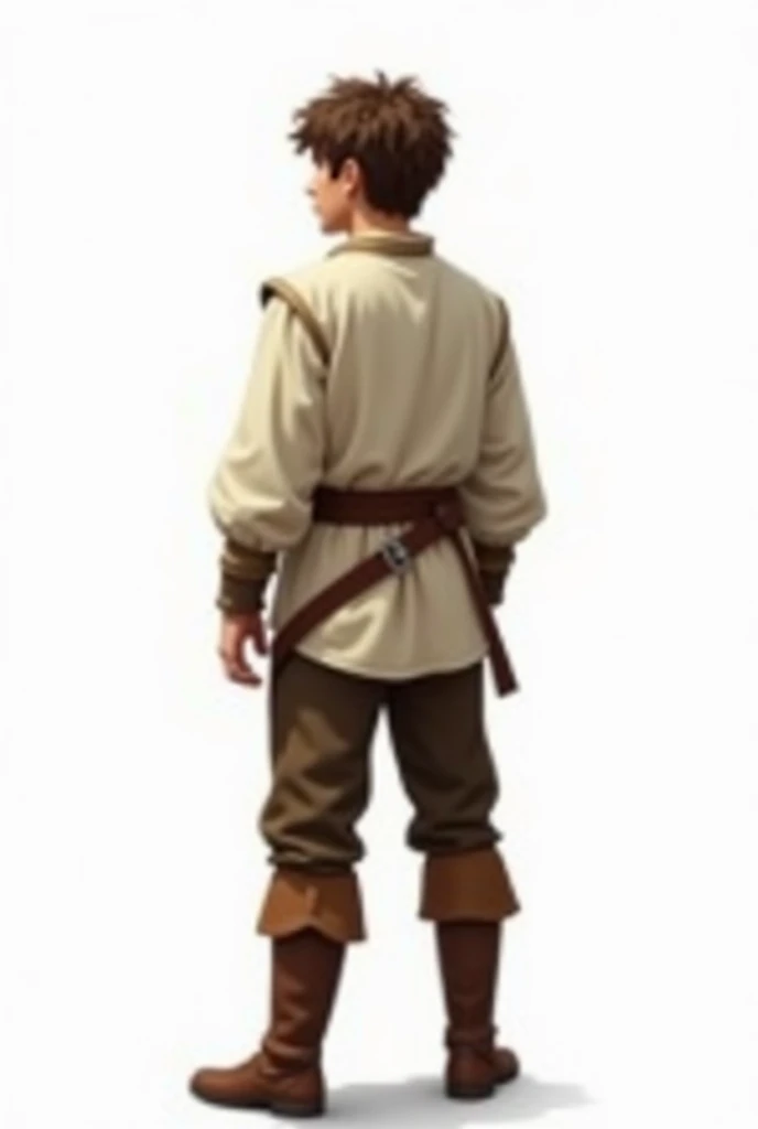 young man,  with short wavy brown hair, medieval cream shirt,  brown pants , brown boots,  with back to the camera ,  white background, Realistic drawing 