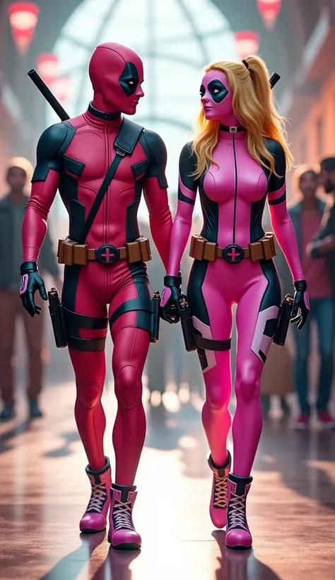 two persons,  a male and a female, they wear a pink Deadpool costume with a variation of white with futuristic armor. They wear masks . they are blondes .  were walking hand in hand .  They smile happily as they walk .  The background is a bright indoor pu...