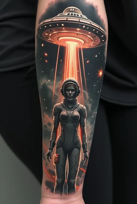  Create a realistic forearm tattoo in black and gray .  Create a parabolic radio telescope antenna .
 Create strong lines with lines and outlines .  Create a female astronaut in science fiction style with technological equipment.  Create orange lines of li...