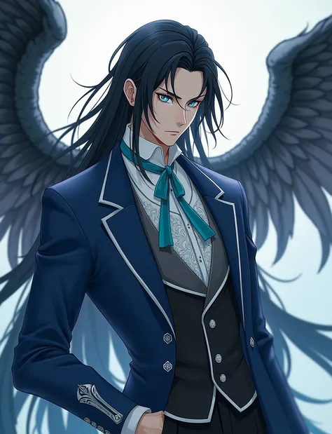 Sky blue eyes long dark black hair sword scar in the form of fog on the face wings and turquoise ribbon blue suit with white details elegant Japanese-style man with manna of obedience