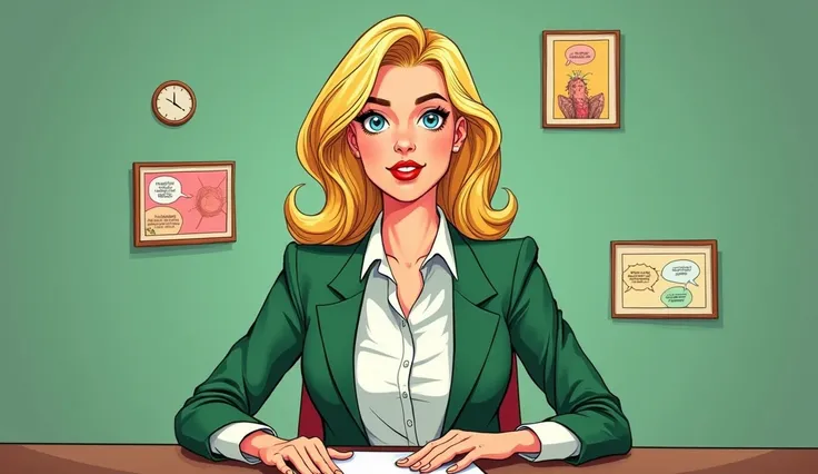 Create a character blonde woman  ,  wearing a white dress shirt and green blazer in the shape of a comic book with a green wall and small frames in the background with your hands on the table