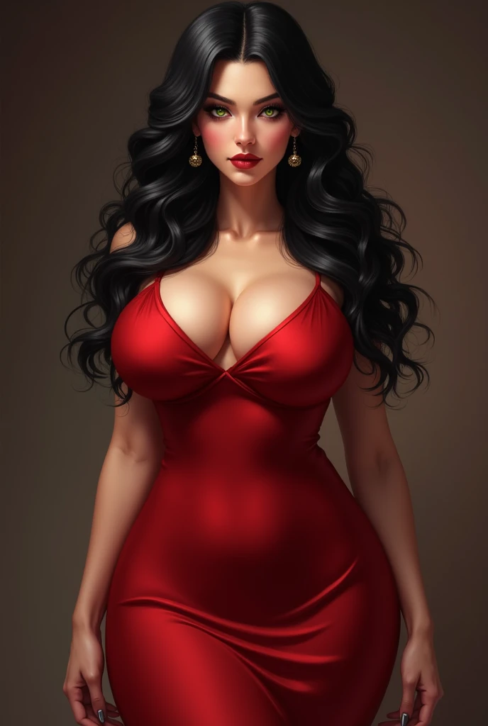 Long Hair, Solo, 1girl, Earrings,black hair, Large breasts, deep green eyes, Eve bigger breasts , crimson red dress, mature ,Jewelry, 