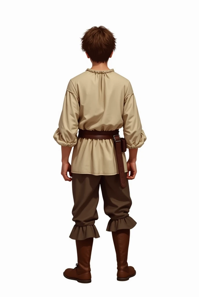 young man,  with short wavy brown hair, medieval cream shirt,  brown pants , brown boots,  with back to the camera ,  white background, Realistic drawing 