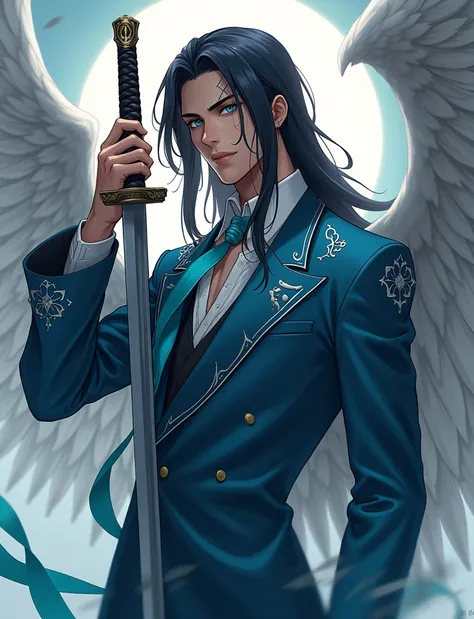 Sky blue eyes long dark black hair sword scar on face wings and turquoise ribbon blue suit with white details elegant Japanese-style man with manna of obedience