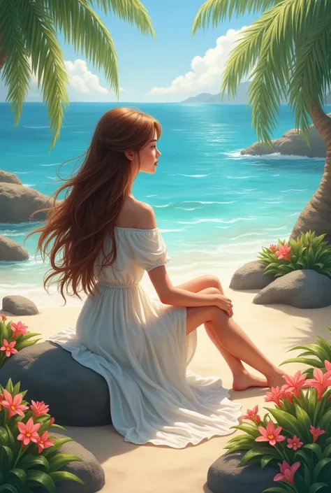 Beautiful woman with long brown hair demure wearing dress looking out to sea on the beach side with coconut trees and flower among the rocks sun shining on the clouds realistic ultra HD images 