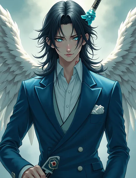 Sky blue eyes long dark black hair sword scar on face wings and turquoise ribbon blue suit with white details elegant Japanese-style man with manna of surreal obedience 