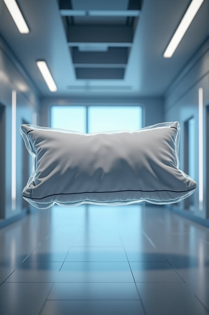 An image of a futuristic pillow with a visibly comfortable texture, in a modern and technological environment. The pillow is floating, with a soft glowing aura, representing its innovative NASA origin. Background with a touch of a space laboratory."