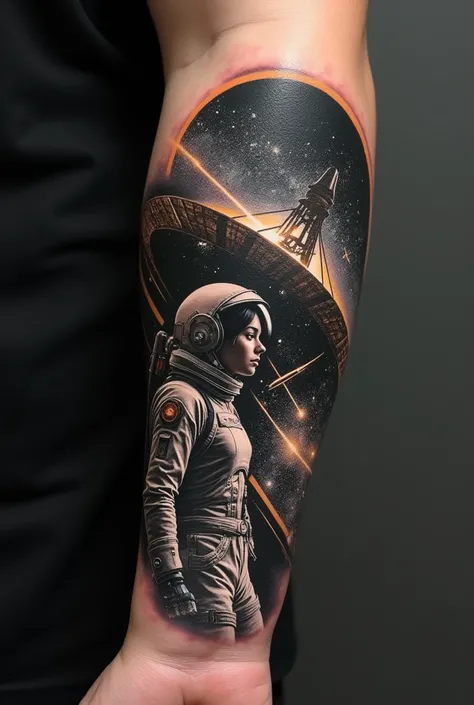  Create a realistic forearm tattoo in black and gray .  Create a parabolic radio telescope antenna .
 Create strong lines with lines and outlines .  Create a female astronaut in science fiction style with technological equipment.  Create orange lines of li...