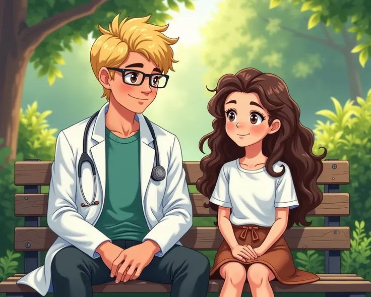 A girl: Long,brown,curly hair and brown eyes. Wearing white shirt and brownlong skirt sitting with a doctor(male) on the bench ın the garden. Doctor have blonde hair and he wearing glasses. weebtoon style