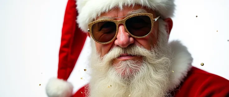 Close-up portrait of Santa Claus, mature, with a thick, white, slightly textured beard, adorned with gold glitter.  He wears large, gold glitter-embellished sunglasses,  adding a fashionable touch to his traditional Santa Claus attire. The Santa hat is bri...