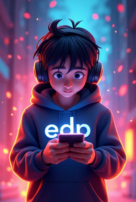  I NEED AN ANIMATED LOGO WITH TEXT THAT SAYS "Qhuat Yo Lee"  ,  an animated boy with headphones looking at his cell phone, striking colors, wearing a hood, "EDP" logo on the hood 
there is animated text "Qhuat Yo Lee" on the front