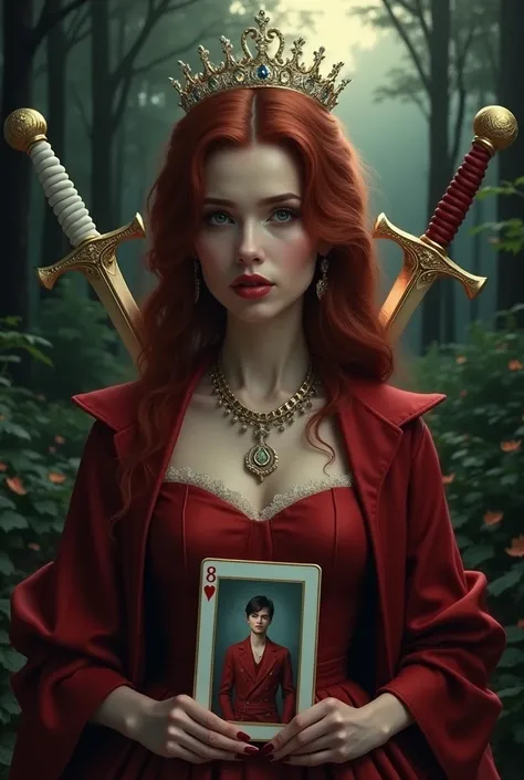  A 35-year-old woman with deep red hair and worried eyes .  wears an elegantly designed dark red dress with a red jacket and a princess tiara  ,  as if reflecting his attempt to leave the past behind . His figure is in a dark forest ,  where a faint ray of...