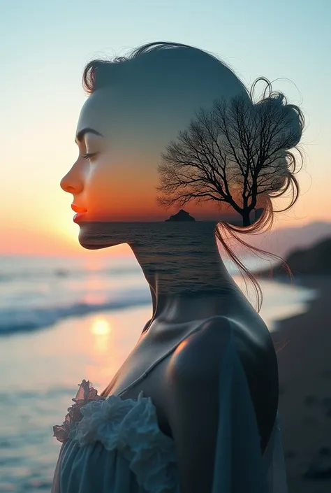  HIGH QUALITY, 8K ultra HD, Una hermosa double exposure que combina una silueta de diosa con la costa al atardecer,  the coast at dusk should serve as a backdrop ,  with its details incorporated in the goddess , sharp lines, The background is monochrome,  ...