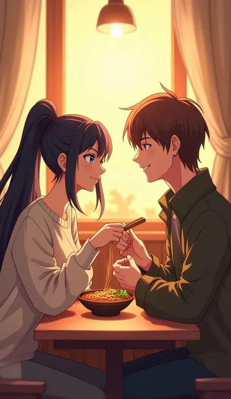 Mia with long black hair with ponytail and wearing a light
sweater, very massive big boobs, matured body, and
Lucas with short brown hair, wearing a jacket, Masculine
body, Black eyes, sitting at the dining table, happily
eating ramen together. The table i...