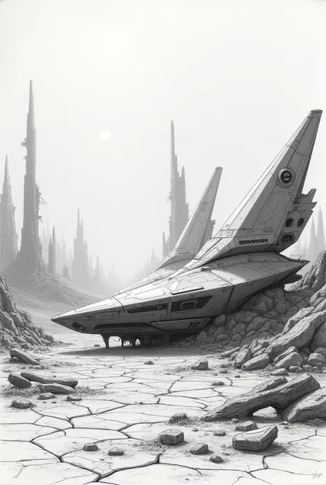 Pencil drawing of a post-apocalyptic scenario with several anime-style spaceships 