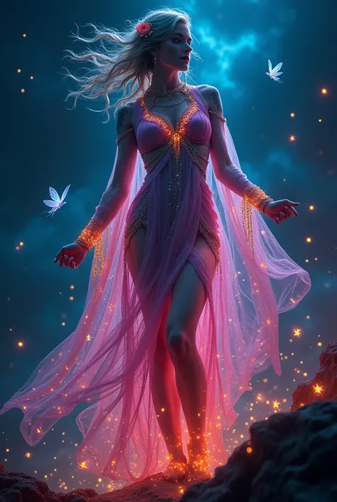 A complete body form of a stunningly beautiful, hyper realistic, ethereal woman with incredible bright, wearing a colorful, sparkling, dangling, glowing, boho, goth, flowing, sheer, fairy, witchs outfit on a breathtaking night with stars and colors with gl...