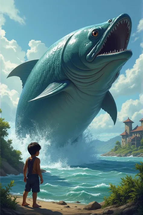 A massive fish emerging from the river, with rippling water, as it heads toward the village, while the boy looks shocked.