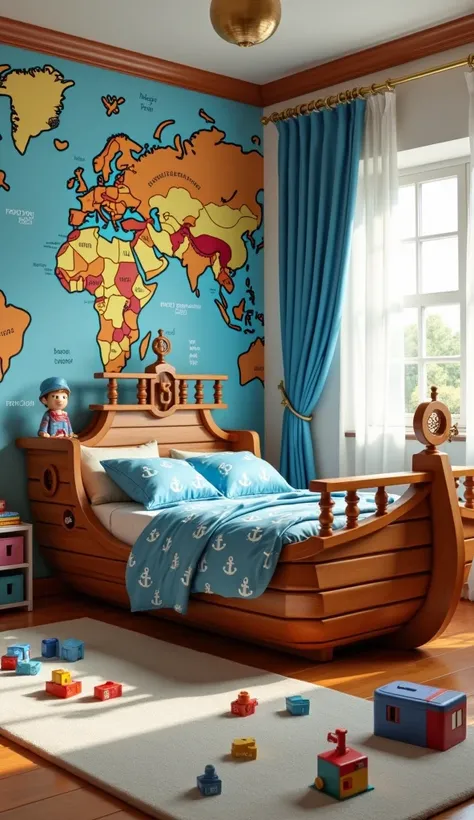  rens bed with adventure design 
" A colorful cot in the shape of a pirate ship , with wooden railings ,  a small steering wheel and blue comforters with anchor motifs.  The wall behind it is painted with a map of the worlds oceans ,  and toys are scattere...