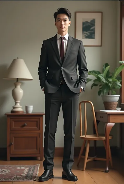 Create an image of a normal, fit 22-year-old with the muscles of a half-gymnast wearing a suit in his humble room without much frills or frills 