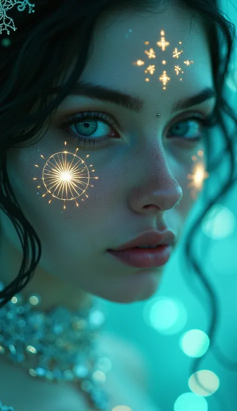 "Mystical close-up of an Aquarius woman with radiant wave symbols on her cheeks, glowing turquoise and white lights on her face, and strong, luminous eyes. Her aura reflects harmony and innovation."
