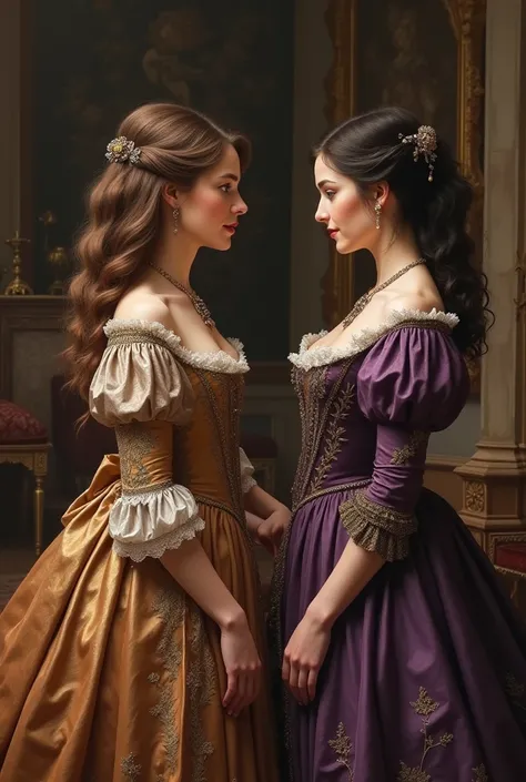 A young, fair brown-haired woman. in elegant dress.XVII century. She talking with brown hair XVII century women in purple dress