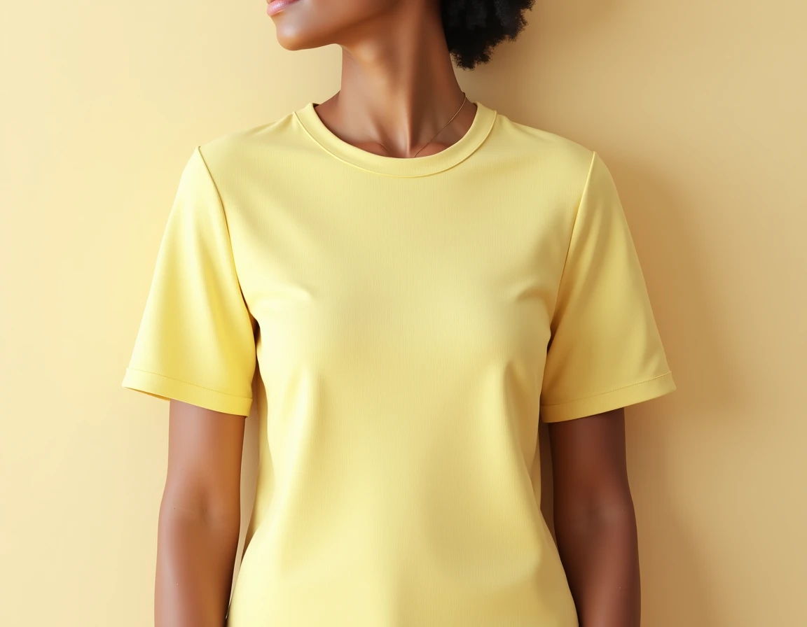 Un t-shirt jaune côtelé ajusté à manches courtes avec un design simple et minimaliste et une encolure haute et ronde. Le t-shirt est conçu sur un fond simple avec un éclairage naturel doux pour mettre en valeur sa texture et ses tons pastel.