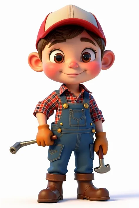 Create a pixar-like image of a cute character ,  dressed in plaid shirts and like plumber clothes with tools in his hand( hammer, tweezers, Screwdriver),  white background