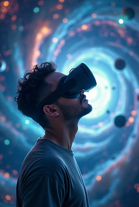 Realize a man wearing virtual reality glasses with a universe, worlds and stars revolving around him