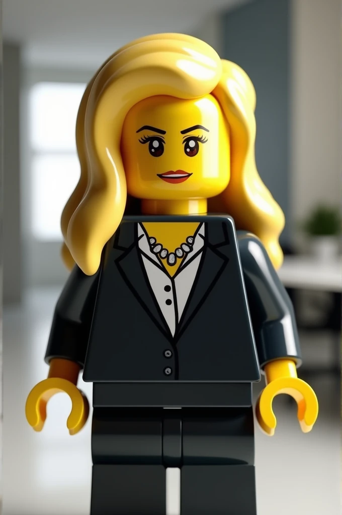 Create an image of a woman in Lego, executive, Long blonde hair, brown eyes 