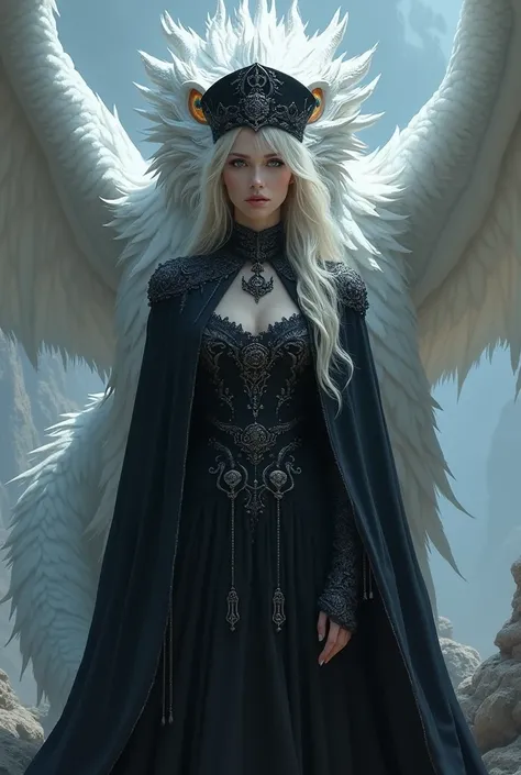 Une femme  prêtresse aux yeux bleus portant une robe noire portant une cape noire satinée et sur sa tête un chapeau russe protégée par un immense dragon blanc 