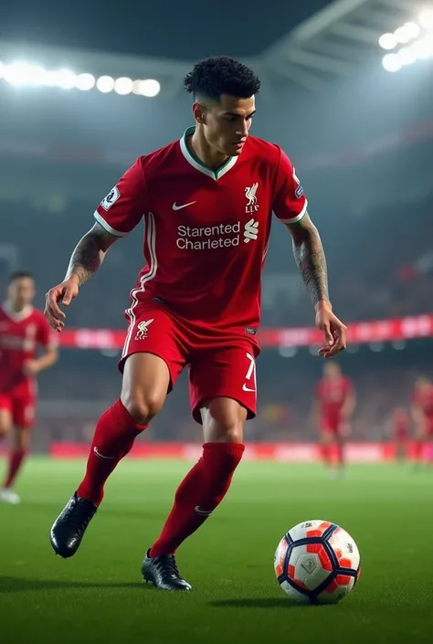 a player, branco com Eclectic physique  dominando a bola em campo em dia de jogo.  22-year-old white , short dark wavy hair , Eclectic physique ,  have a tattoo on their arm .  wears the red uniform of Liverpool team number  "7" And name  "Jacob" And Nike ...