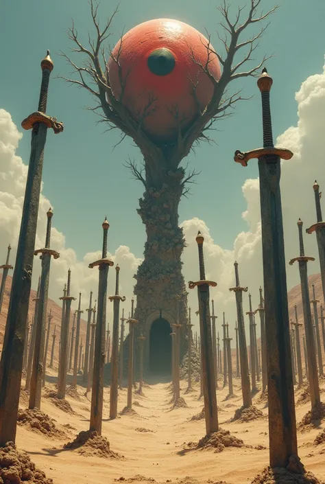 A desert with thousands of swords tied to the ground , with a giant stone tower in the middle,  with a red eye being held by a tree at the top
