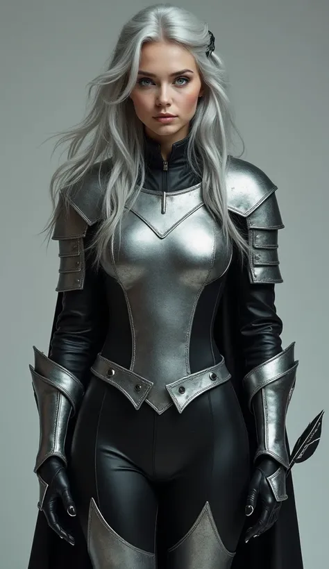 A gorgeous 26 year old woman with long smokey silver hair, icy blue eyes, beige skin. A black leather battle suit with silver chest and torso armor attached in one plate, thigh, calves, and ankle armor. Silver shoulder pads and bracers. And on her right bo...