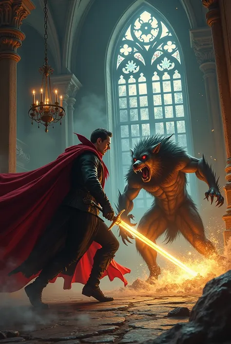 a vampire vs. a werewolf ,  are fighting in a castle and the vampire has a golden sword