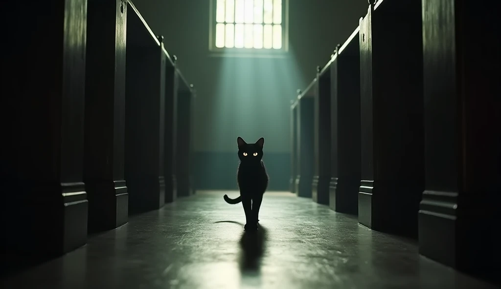 "A dimly lit funeral room with natural light filtering softly through the windows, casting long shadows on the floor. A sleek black cat, with piercing eyes, quietly enters the room, almost blending with the shadows. The atmosphere is solemn and mysterious,...