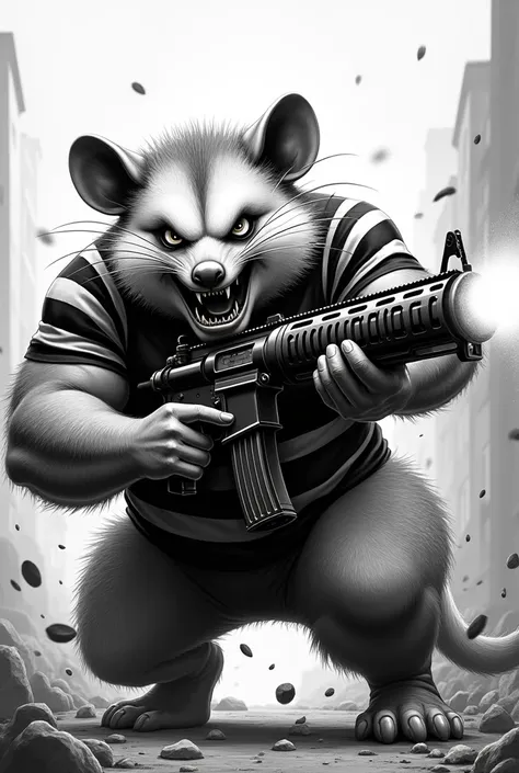 Make a muscular possum in a black and white shirt with a machine gun shooting at everyone 