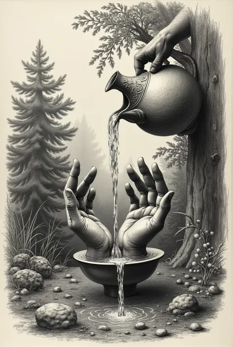 engraving of a pair of hands being cleaned by a stream of water coming out of a wine jug