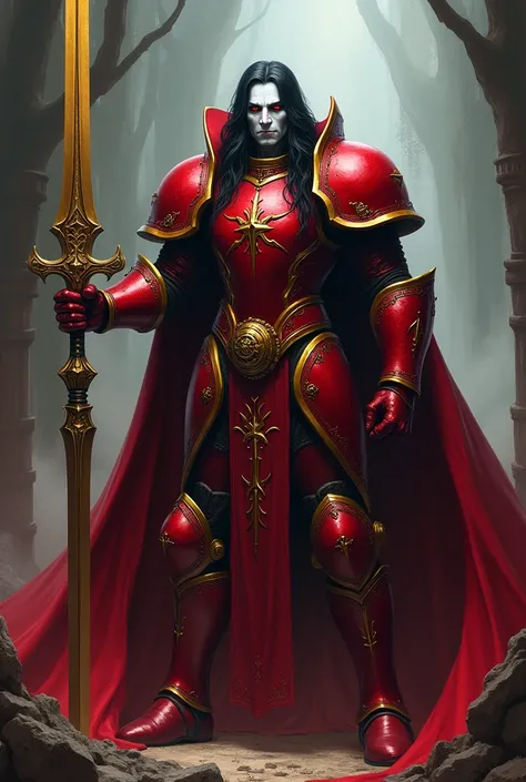 an imposing vampire lord dressed in heavy red armor with exposed arms with white skin, red eyes and long black hair with a white streak in the front. holding a giant golden sword,dark fantasy, Warhammer