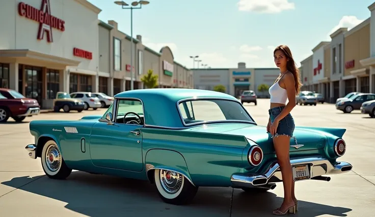 (((full body))) FULL BODY woman, is standing in a parking lot with a large SHOPPING MALL in the background, the woman is next to the door of a wonderful car ((( "Ford Thunderbird"))), the (((car appears complete in the image and from the front))) with its ...