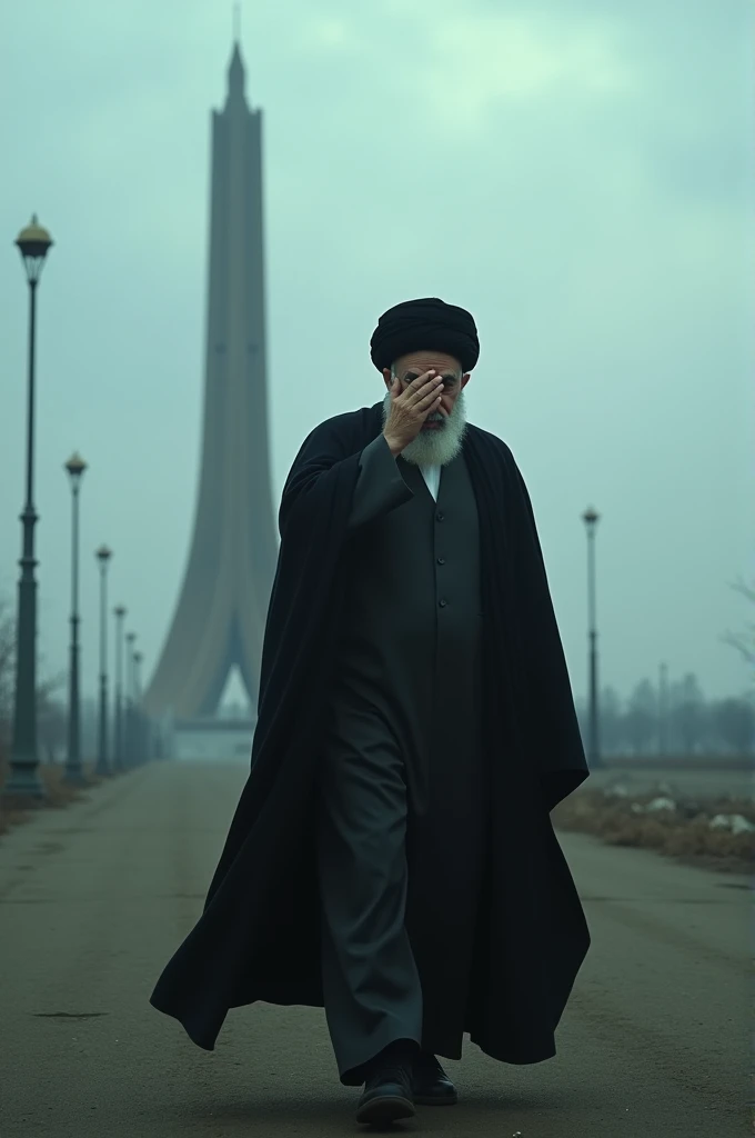 Khamenei, with his hand on his face in fear, walking past Azadi Tower in Tehran. The scene is cold and somber, with a desolate atmosphere and overcast skies.